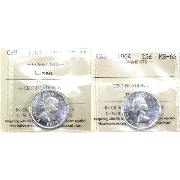 25-cent 1962 Cameo & 1964 ICCS MS65. 2pcs.
