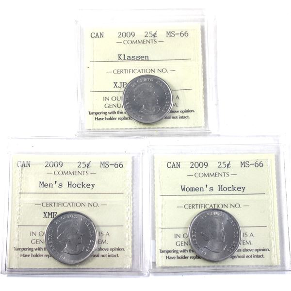 25-cent 2009 Klassen, 2009 Men's Hockey, & 2009 Women's Hockey ICCS MS66. 3pcs.