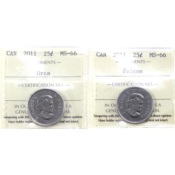 25-cent 2011 Orca & 2011 Falcon ICCS MS66. 2pcs.