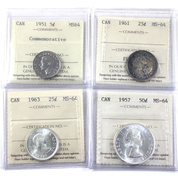1951-1957 Mixed Denomination ICCS MS64. 4pcs.