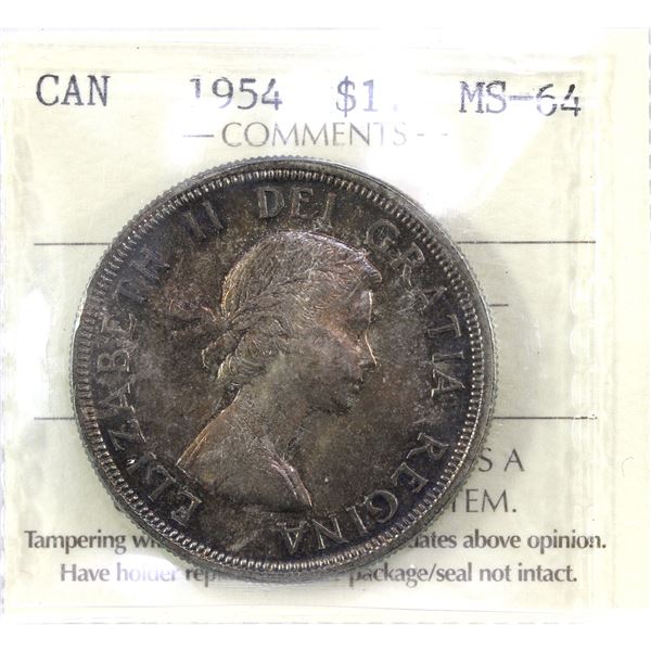 Silver $1 1954 ICCS MS64. Natural Coin with Hues of Amber and Cobalt-Blue Over Russet Surface