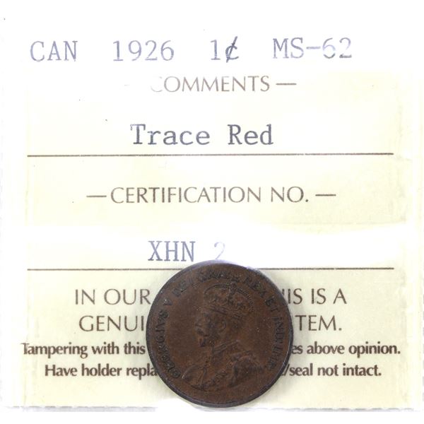 1-cent 1926 ICCS MS62, Trace Red. Rich, Mahogany Surface with Bold Lettering