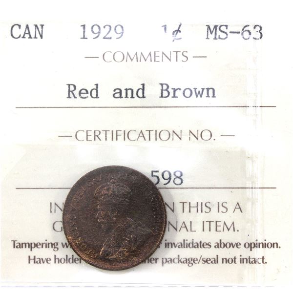 1-cent 1929 ICCS MS63, Red & Brown