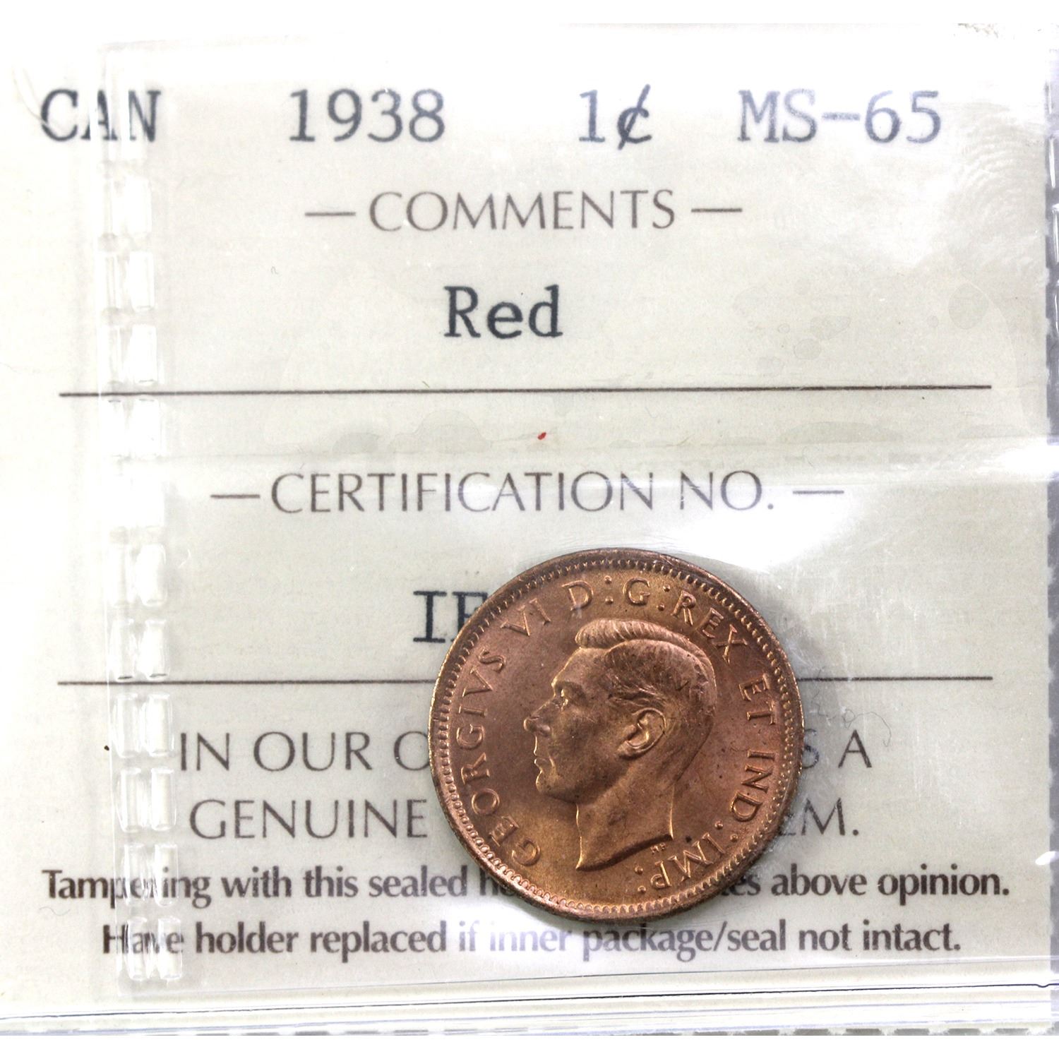 1-cent 1938 ICCS MS65, Red