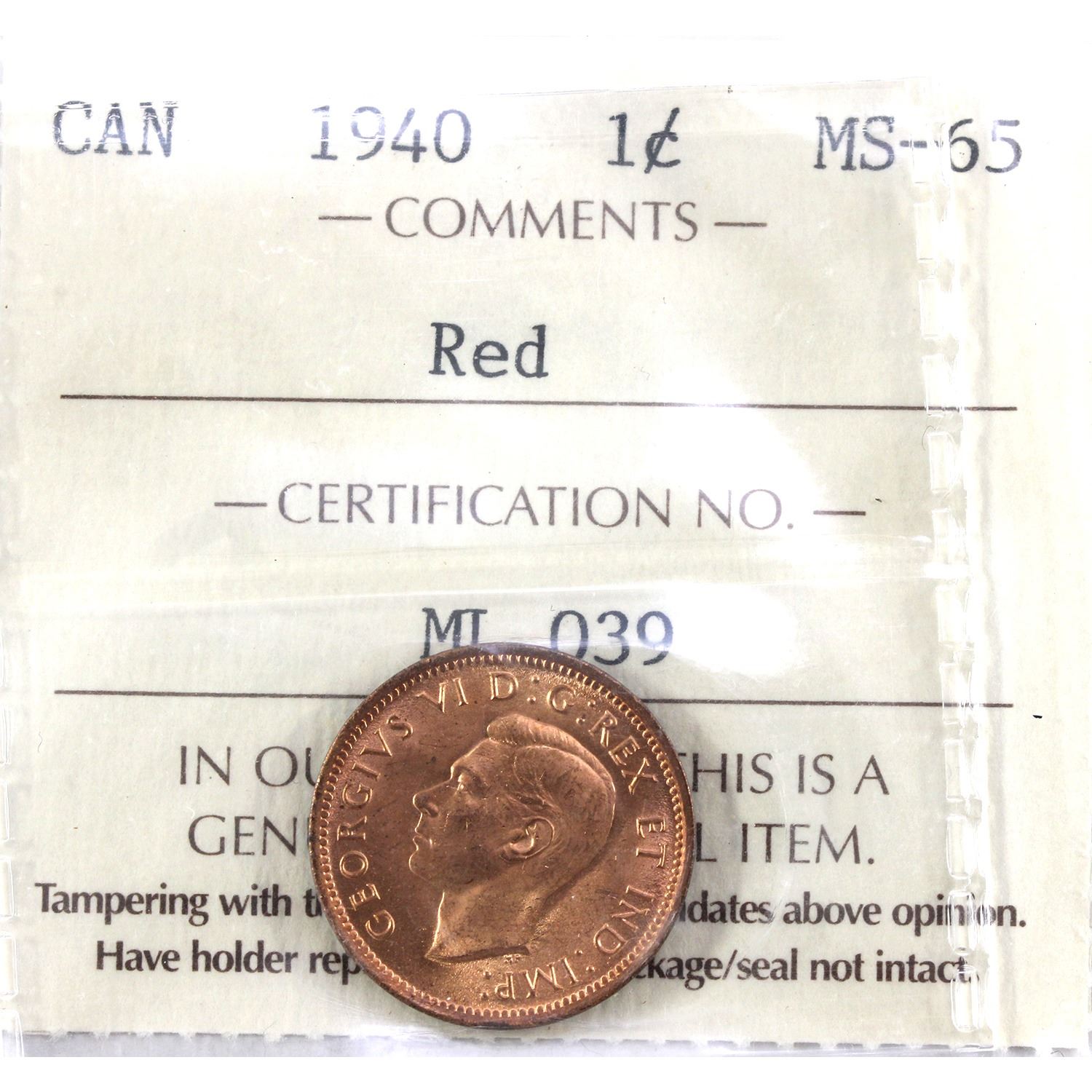 1-cent 1940 ICCS MS65, Red