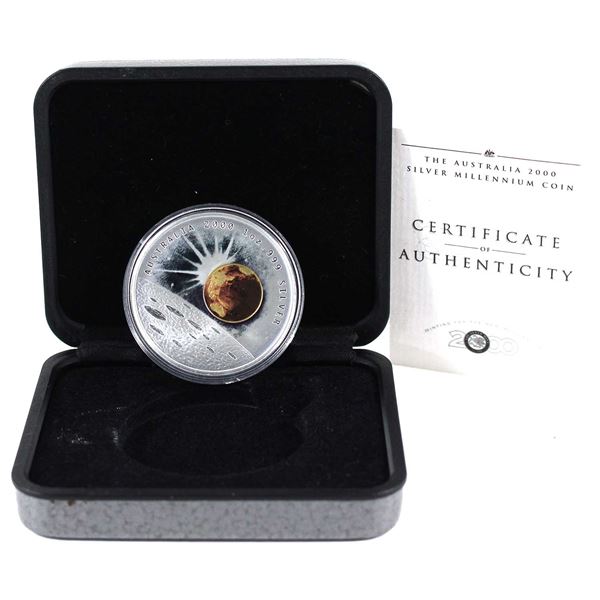 Australia 2000 $1 Silver Millennium Coin Fine Silver w/ Gold Moon Insert (Tax Exempt)