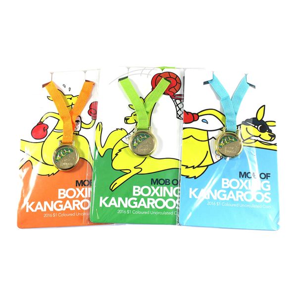 3x 2016 Australia $1 Mob of Boxing Kangaroos Coins in Olympic Medal Presentation. 3pcs