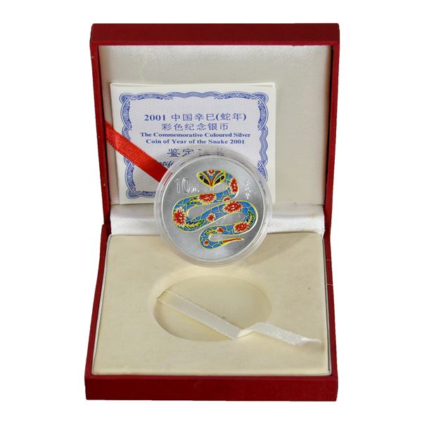 China 2001 10 Yuan Year of the Snake Fine Silver Proof w/ Selective Colour (Tax Exempt)