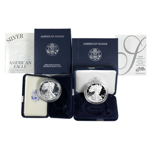 USA 2001 & 2008 $1 Silver Eagle Fine Silver in Original Blue Mint Packaging. 2pcs. (Tax Exempt)