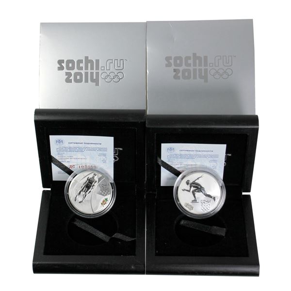 Russia 2014 Luge & 2014 Speed Skating 3 Roubles Sterling Silver in Original Packaging. 2pcs.