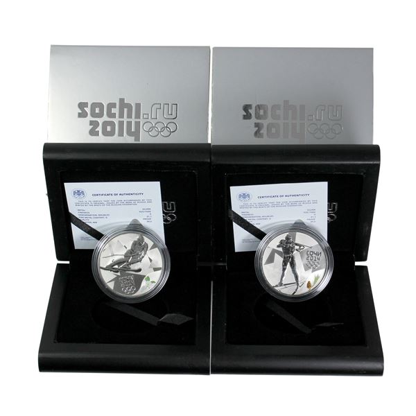 Russia 2014 Alpine Skiing & 2014 Biathlon 3 Roubles Sterling Silver in Original Packaging. 2pcs.