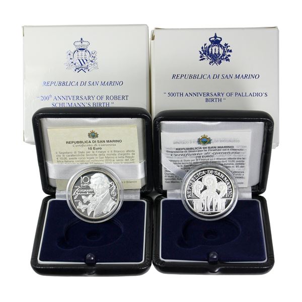 San Marino 2008 Andrea Palladio & 2010 Robert Schumann €10 Sterling Silver Proof. 2pcs.