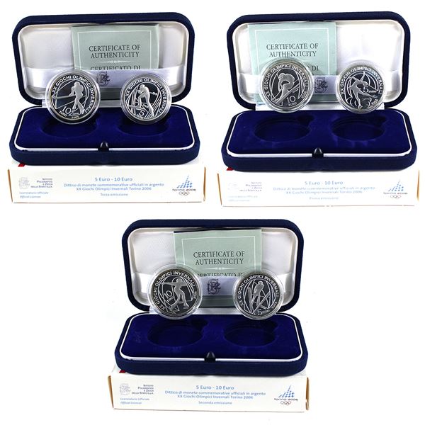 3x Italy 2005 2-piece 2006 Torino Olympics €10 and €5 Sterling Silver Sets. 3pcs.
