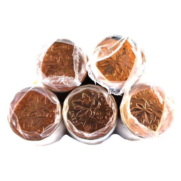 *Canada 1991-1995 1-cent Rolls of 50pcs. Sold As-Is. INCLUDES: 1991, 1992, 1993, 1994, & 1995. 5 Rol