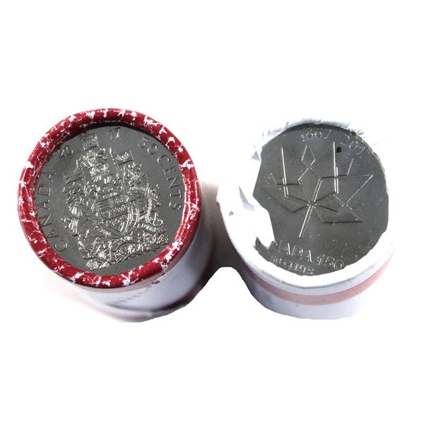 Canada 2017 Coat of Arms, & 2017 Canada 150 50-cent Rolls of 25pcs. Sold As-Is. 2 Rolls.