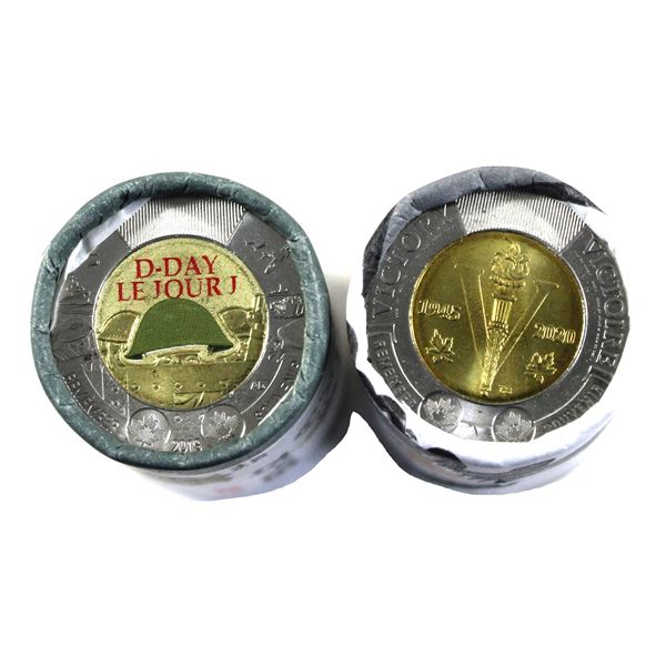 Canada 2019 Colour D-Day & 2020 Non-Colour WWII $2 Special Wrap Rolls of 25pcs. Sold As-Is. 2pcs.