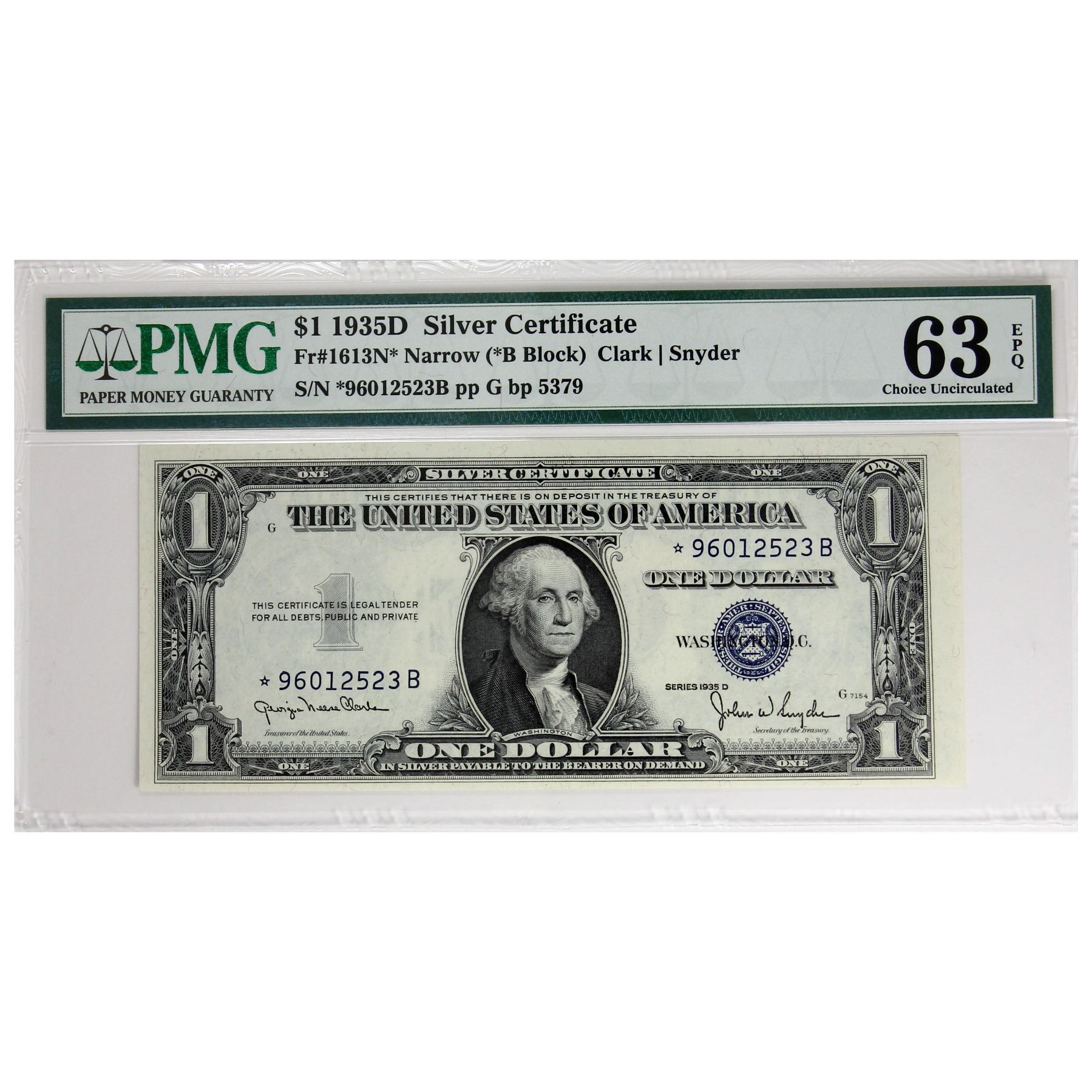 USA 1935D FR#1613N* $1 Star Note Narrow PMG CUNC63 EPQ (*B Block) Clark ...