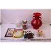 Image 1 : Red Decorative Vase, Jar of Salt & Pepper Stoppers + Misc