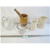 Image 1 : Fire King Measuring Cup - To Stoneware Pitchers (one is Medalta) - Glass Pitcher - Wooden Mortar & P