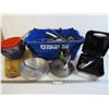 Tote of Baking Pans - Cutlery - Hair Trimmer (works)