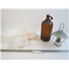 Image 1 : (3) Oven Ware Bowls (biggest bowl is broken) - Vintage Brown Bottle - Miniature Oil Lamp