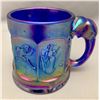 Image 3 : Imperial Glass Company Electric Blue RARE Carnival Glass "Nursery Rhymes" Mug with Elephant Head Han