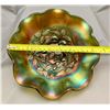 Image 6 : Northwood marked Rare Green Carnival Glass "Three Fruits Medallion" Ruffled Dome Footed Bowl! Has Ba