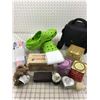 Image 1 : MISC LOT CONTAINERS, TINS, CAMERA BAG, CROCS ETC