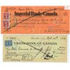 Image 1 : Set of 2, 1940 Imperial Bank of Canada cheque & 1924 Union Bank of Canada cheque