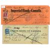 Set of 2, 1940 Imperial Bank of Canada cheque & 1924 Union Bank of Canada cheque
