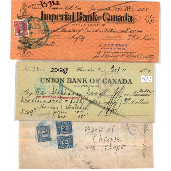 Retro Cheque Set of 2, 1940 Imperial Bank of Canada cheque & 1924 Union Bank of ...