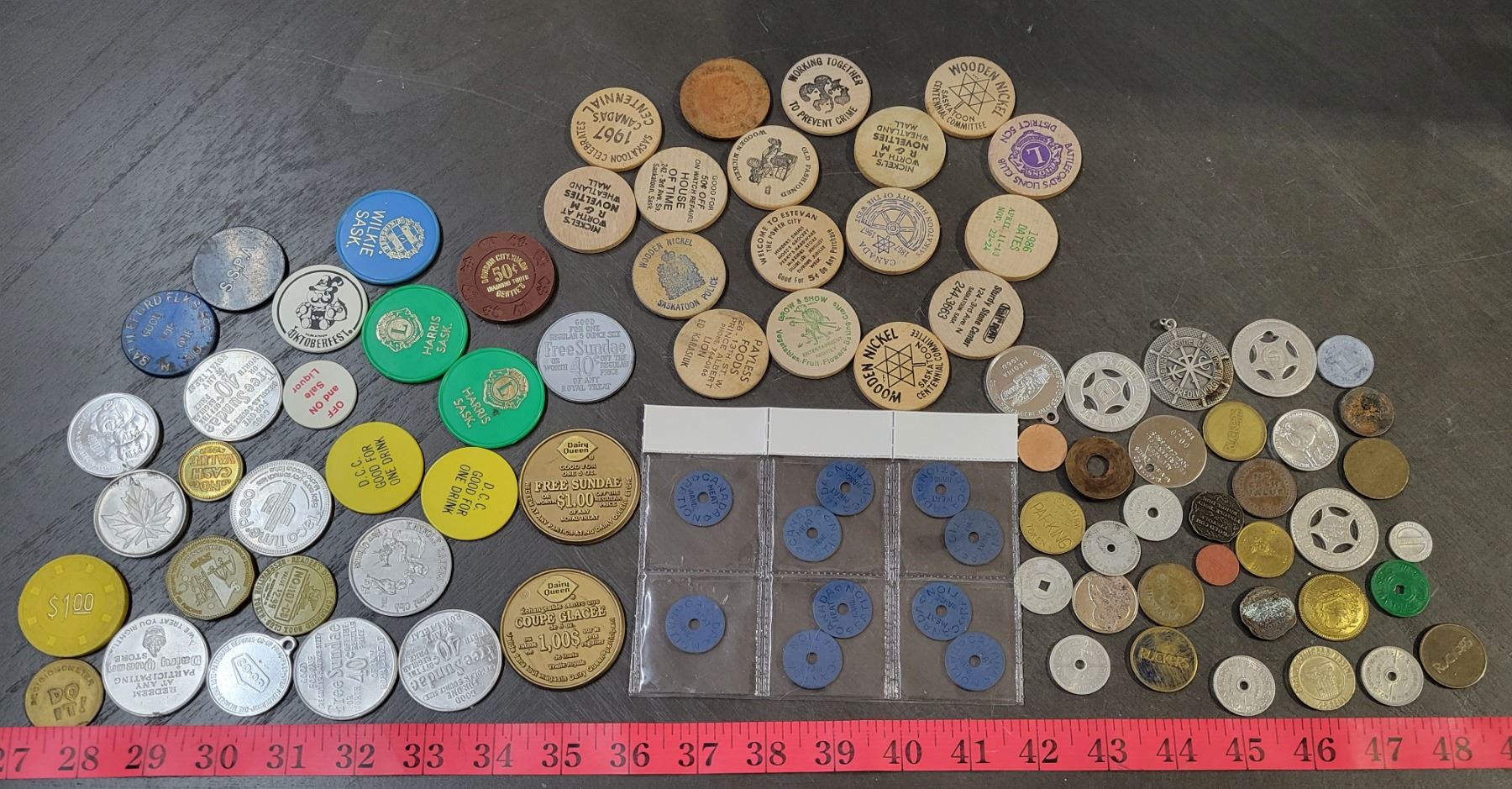 Meat Ration Tokens from WW2, Wooden Nickels, etc.