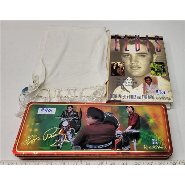 White silk dress scarf, Elvis, Precious Memories and Elvis tin