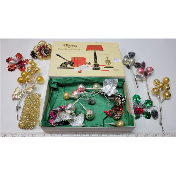 Moirs Chocolate box of assorted vintage Christmas decorations