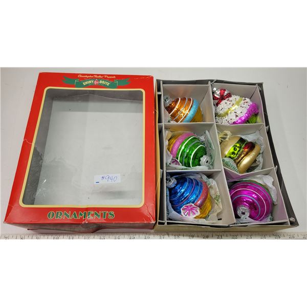 Shiney brite box with 6 assorted glass ornaments