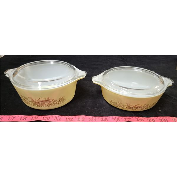 Pyrex casserole set, 500 ml, 750 ml, 1 liter, Forest Fancie pattern, 1981-86