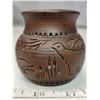 Image 1 : Clay pot, 3” incised decoration, signed with hummingbird, turtle, 70 and “Mohawk Pottery”