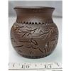 Image 2 : Clay pot, 3” incised decoration, signed with hummingbird, turtle, 70 and “Mohawk Pottery”