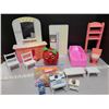 Image 1 : Box of assorted doll house furniture and accessories and chiming Fisher Price Apple