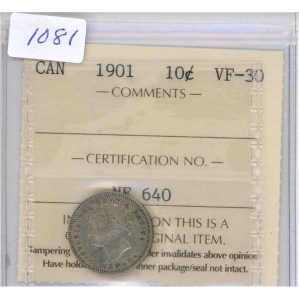 1901 Graded ICCS VF-30 10 Cents