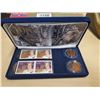 Image 1 : 1953 – 2003 Queen Elizabeth II Coronation Stamp & Coin Set. Includes 4 coins & 4 stamps. Housed in i