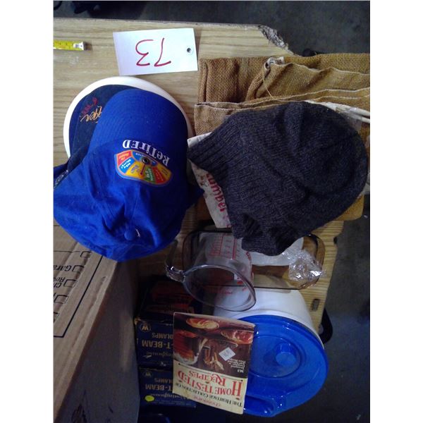 Misc lot ( kitchen items, hats, toque, clock, decorative and headlights)