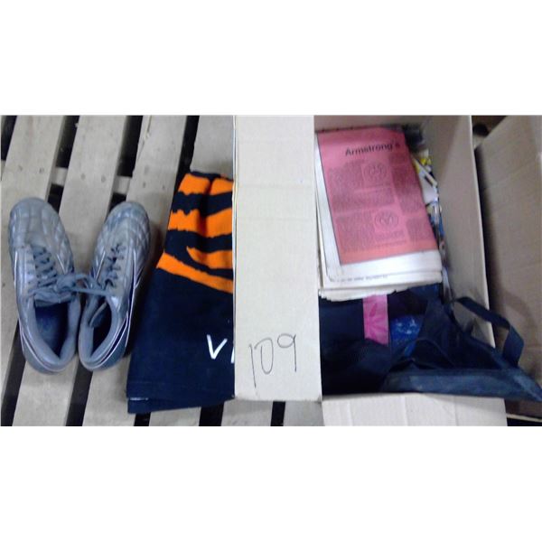 Misc lot of cleated runners(sz11), Vionic towel, vintage newspapers and other misc items in box