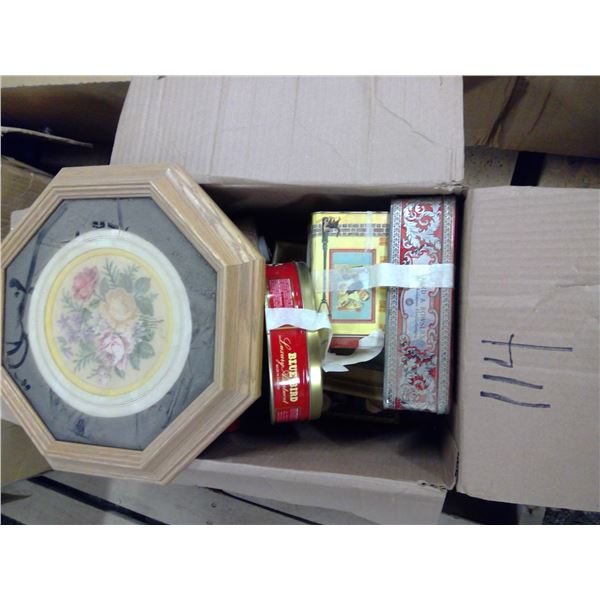 Box of assorted decorative Tins/pictures