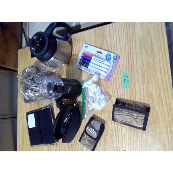 Misc lot of markers, sunglasses, cap, knife holder, cheque book cover, wallet, salton and pot