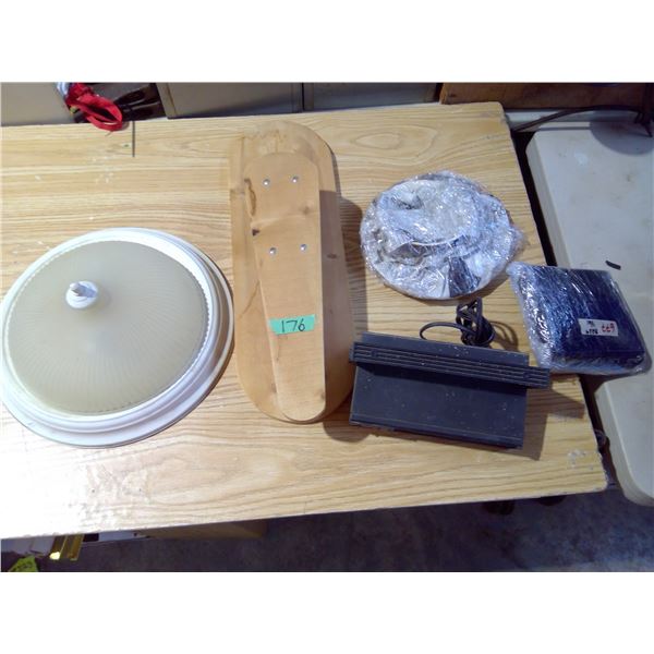 Assorted tub of undercounter radio, ceiling light, dishes, foot polisher rest ?