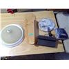 Image 1 : Assorted tub of undercounter radio, ceiling light, dishes, foot polisher rest ?