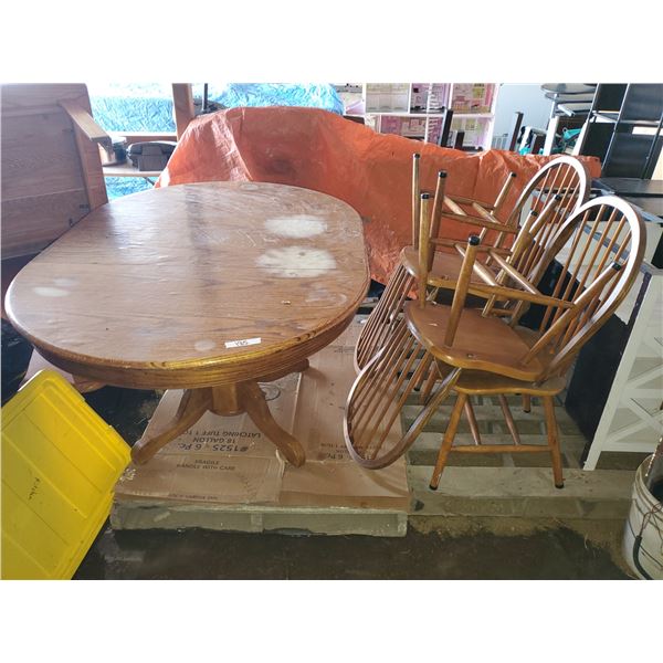 wooden dining table w/ leaf and 4 chairs (table needs refinishing)