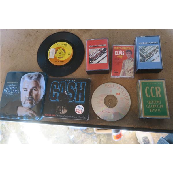 Beatles record and cassettes, Elvis Cassette, Paul mccartney cd, kenny roger and johnny cash cds