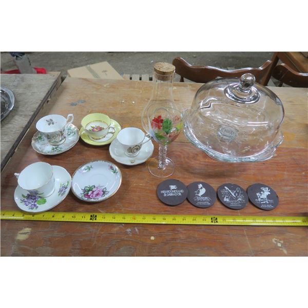 Depressed Glass Cake Tray, Coasters, Teacups and Saucers, Decanter and Cup